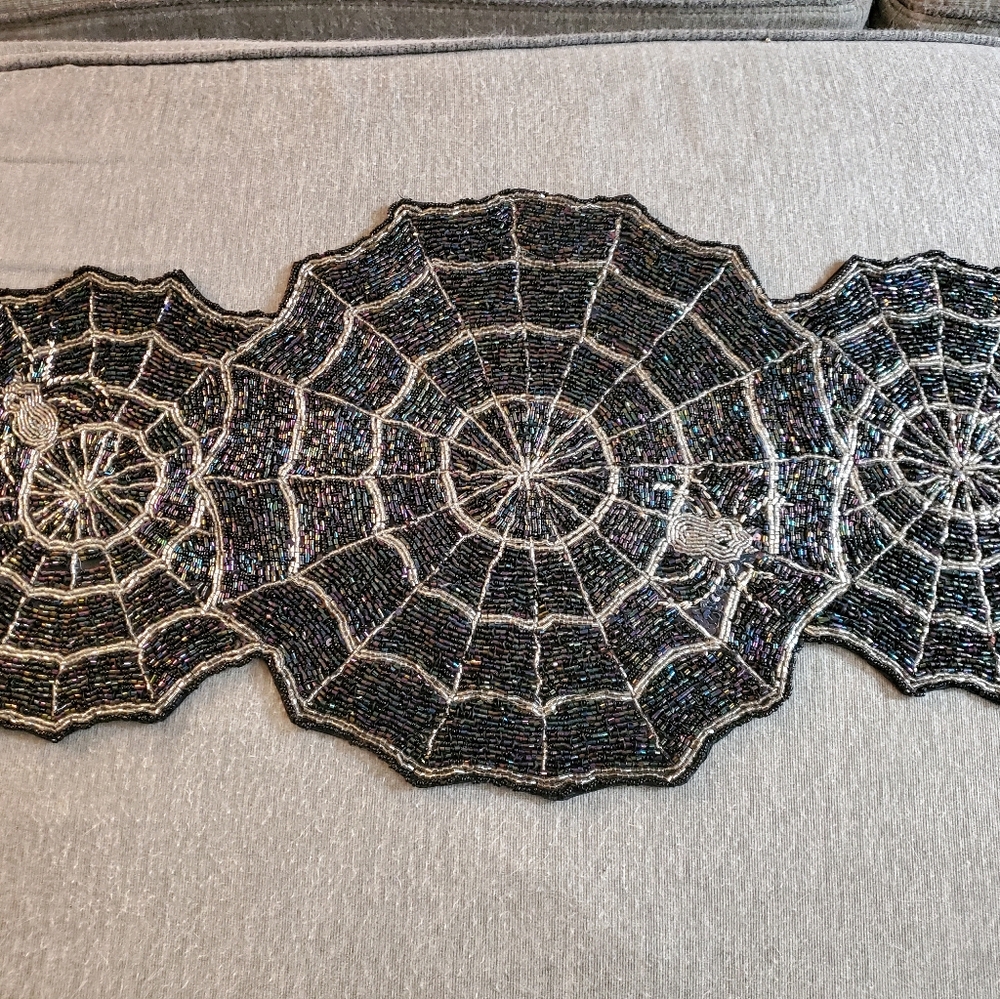 Black and Silver Beaded Spider Web Table Runner